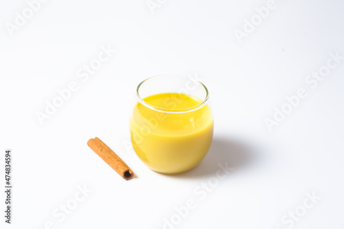 Mexican yellow Rompope vanilla liquor eggnog drink made with eggs in Mexico on white background 