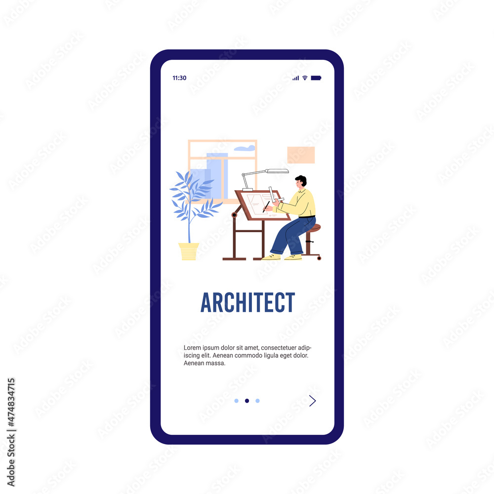 Architect or engineer sits by the table and draws blueprint, app user interface template flat vector illustration.