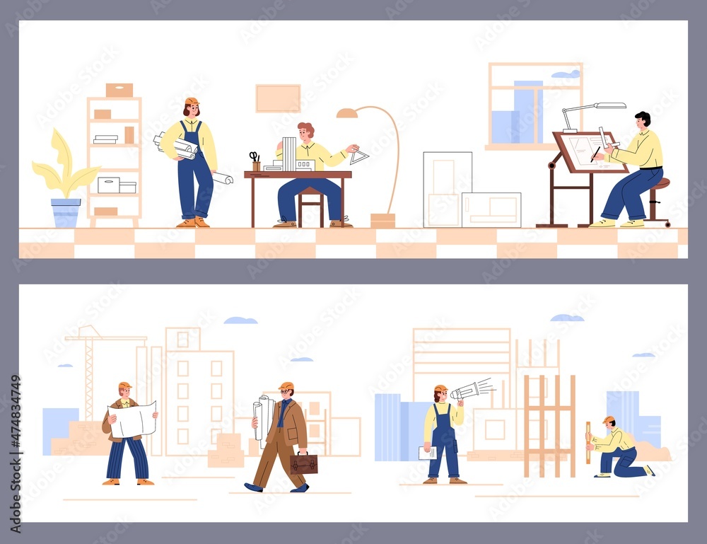 Process of building construction from architectural blueprint to builders work, flat vector illustration.