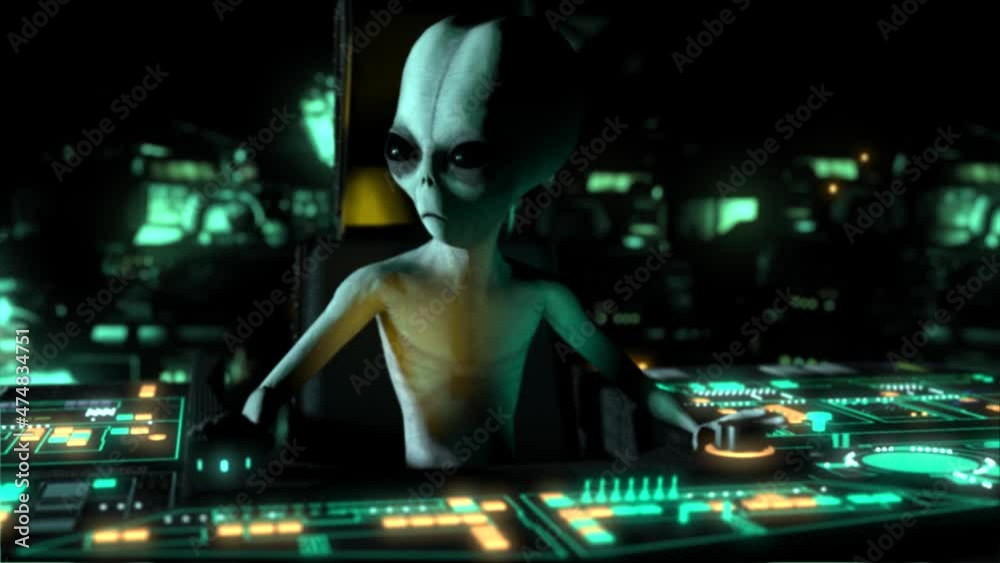 3D CGI VFX animation of a classic Roswell style grey alien sitting at ...