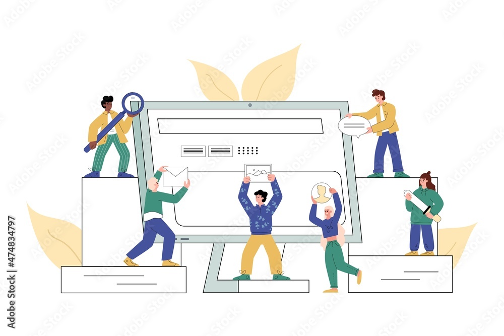 Process of UX UI design and website development, flat vector illustration isolated on white background.