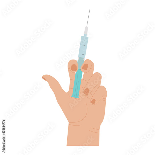 Hand holding syringe, flat style, catroon. Coronavirus vaccination, health care injection, treatment. Preventive measures to protect against disease. Medical concept, injection dose. Isolated. Vector