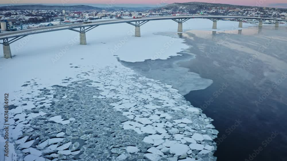 Dramatic view over Sundsvall bay - Winter 4k.