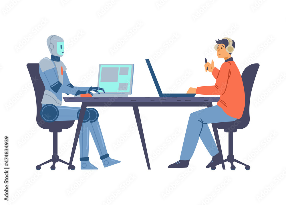 Smart businessman robot works with employer in office on laptop in flat vector Smart businessman robot works with employer in office on laptop in flat vector