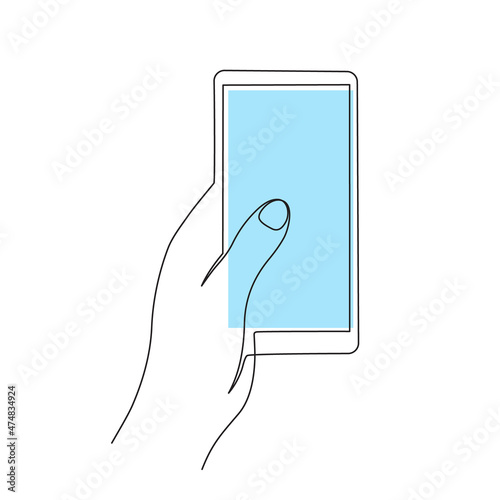 Hand holding smartphone one line art, continuous contour. Mobile device with blank screen.Doodle, sketch style, minimalist design. Editable stroke. Isolated. Vector illustration