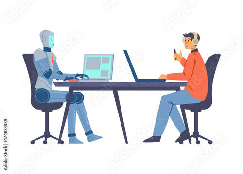 Smart businessman robot works with employer in office on laptop in flat vector
