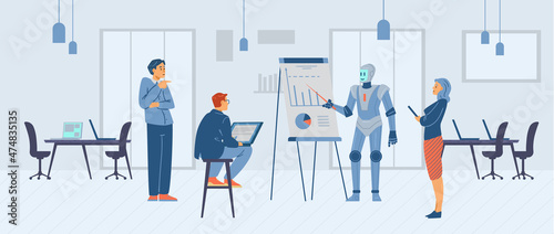 Robot makes presentation in front of group of people at work office, flat vector illustration.