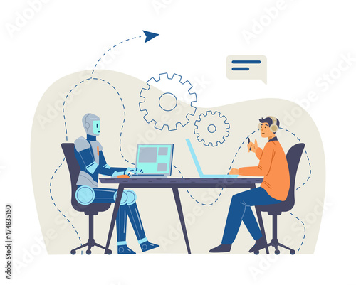 Robot business partner with businessman, flat vector illustration isolated.