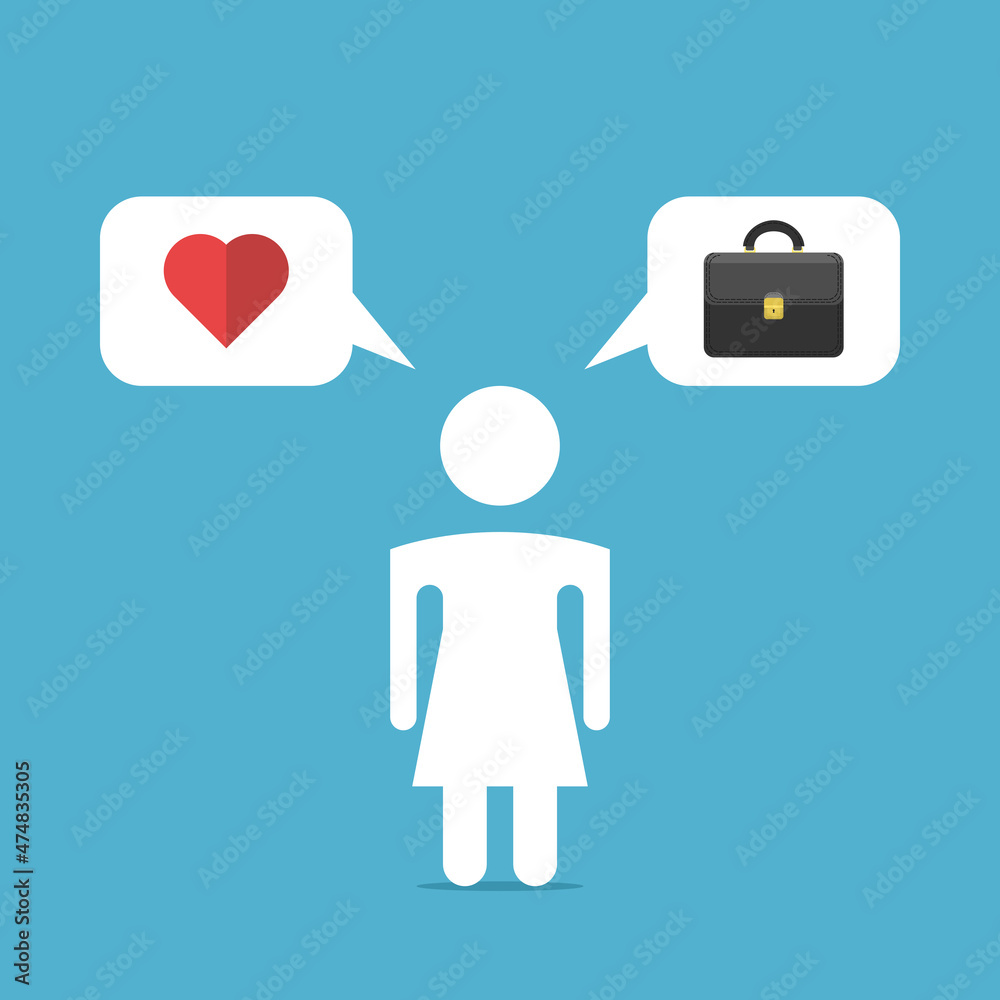 Woman thinking and choosing between heart and briefcase. Work, family balance, career, life, health, love and success choice. Flat design. Vector illustration. EPS 8, no gradients, no transparency Woman thinking and choosing between heart and briefcase. Work, family balance, career, life, health, love and success choice. Flat design. Vector illustration. EPS 8, no gradients, no transparency