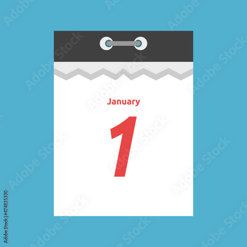 January 1, tear-off calendar isolated on blue background. New Year, start, first day, event, holiday, celebration and deadline concept. Flat design. Vector illustration. EPS 8, no transparency