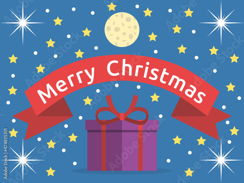 Merry Christmas text, greeting card. Gift box, stars and moon in dark night sky. Congratulation and celebration concept. Flat design. Vector illustration. EPS 8, no gradients, no transparency