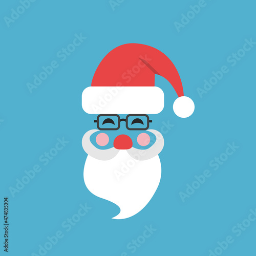 Santa Claus cap, beard, moustache, nose. New Year, Christmas, holiday and celebration concept. Greeting card or poster template. Flat design. Vector illustration. EPS 8, no gradients, no transparency