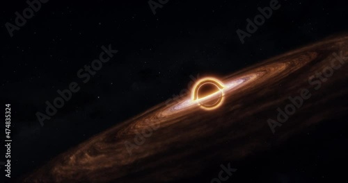 Black hole with lensing effect and accretion disk. Stars background. photo