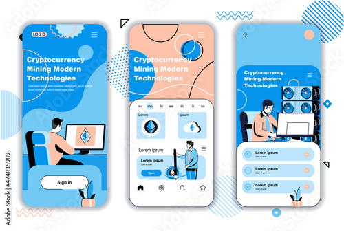 Cryptocurrency mining concept onboarding screens for mobile app templates. Crypto money exchange or transaction. UI, UX, GUI user interface kit with people scenes for web design. Vector illustration