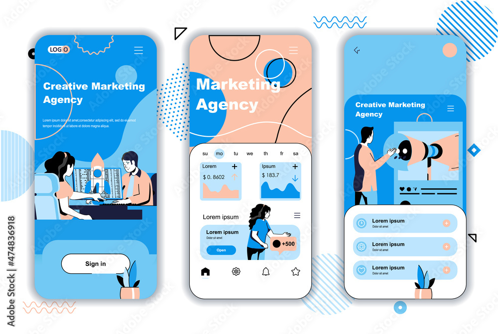 Marketing agency concept onboarding screens for mobile app templates ...
