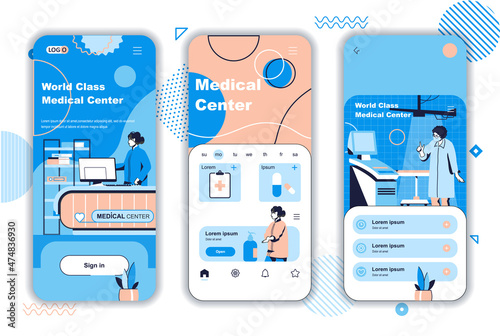 Medical center concept onboarding screens for mobile app templates. Diagnostics, treatment, doctor consultation. UI, UX, GUI user interface kit with people scenes for web design. Vector illustration