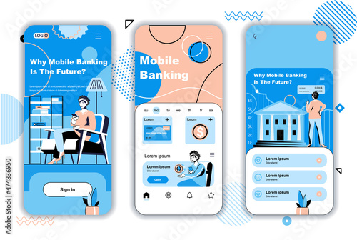 Mobile banking concept onboarding screens for mobile app templates. Online financial transactions and payments. UI, UX, GUI user interface kit with people scenes for web design. Vector illustration