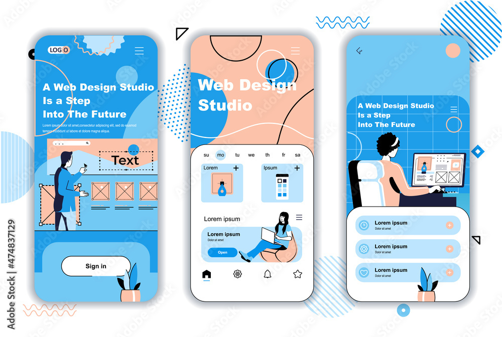Web design studio concept onboarding screens for mobile app templates ...
