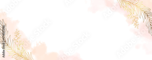Luxurious golden wallpaper. Minimalistic style.Banner with white background  pink watercolor stains. Golden leaves leaves wall art with a shiny light texture. Vector illustration.