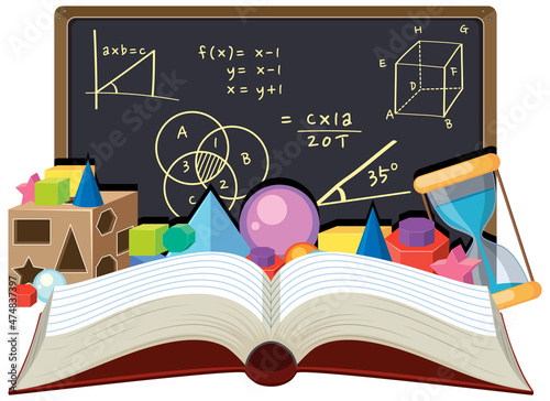 An open book with math formula on blackboard