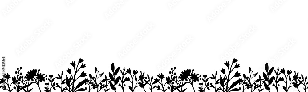 Seamless vector horizontal border of contour black plants. Wildflowers and herbs are hand drawn in ink. Stock illustration isolated on white background. Design for template, label. - obrazy, fototapety, plakaty 