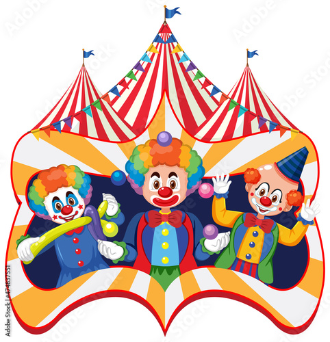 Circus banner with three clowns performer