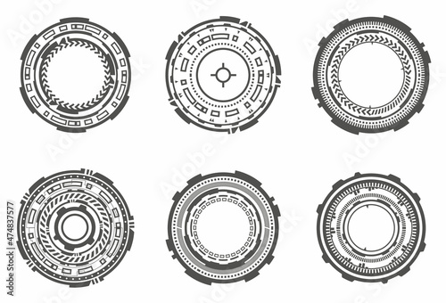 HUD futuristic elements. Abstract optical aim. Circle geometric shapes for virtual interface and games. Camera viewfinder for sniper weapon. Vector set