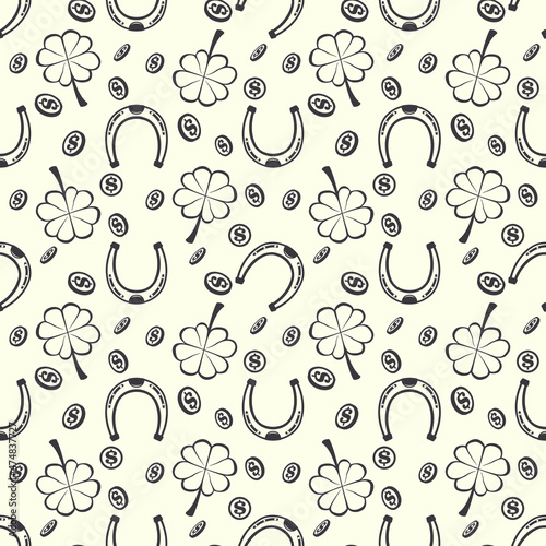 Vector graphics. Seamless pattern with four-leaf clover, horseshoes and coins. 