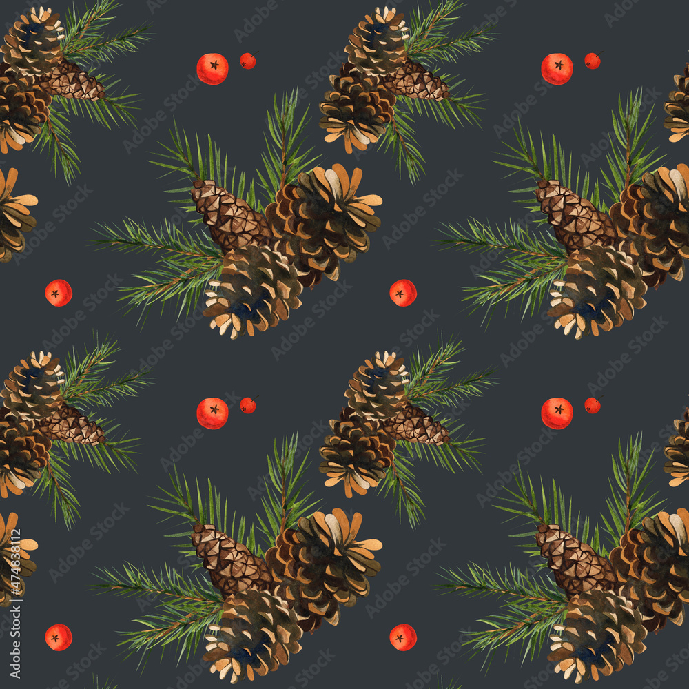 Obraz premium Winter, forest pattern of cones, twigs and rowan berries. Ready-made watercolor illustration for design.