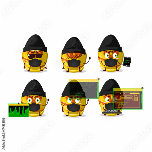 A Hacker yellow sugar candy character mascot with
