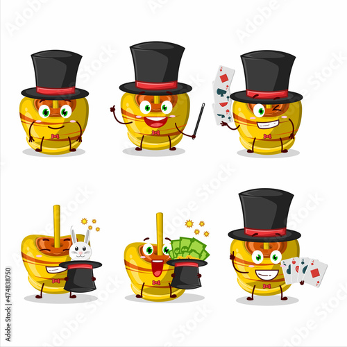 A yellow sugar candy Magician cartoon character perform on a stage