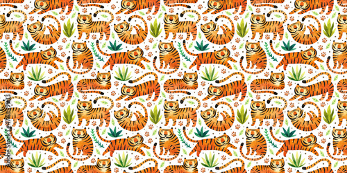 Tigers in rainforest. Big wild cats and tropical plants. Zodiac symbol of the year. Watercolor hand drawn pattern, texture, background, banner. Packaging design. © Fox._.biz