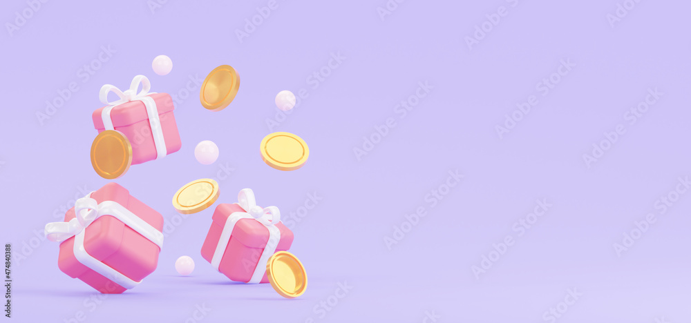 Horizontal web banner with scattered gifts and coins. With an empty space for text. For online sale. 3D rendering