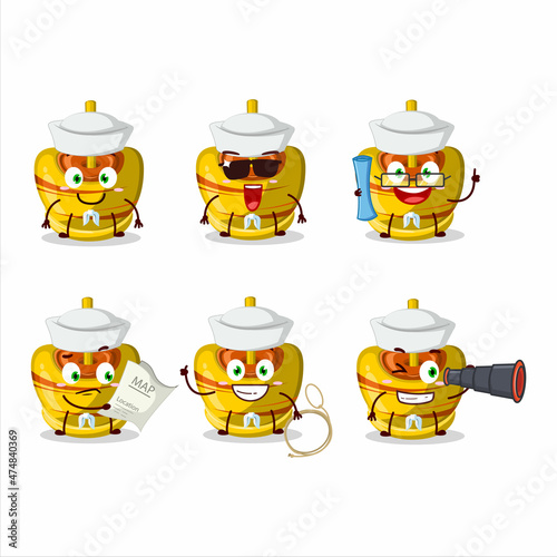 A character image design of yellow sugar candy as a ship captain with binocular