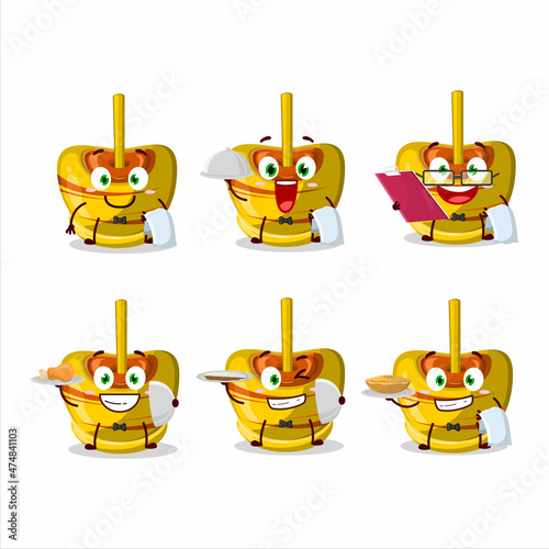 happy yellow sugar candy waiter cartoon character holding a plate
