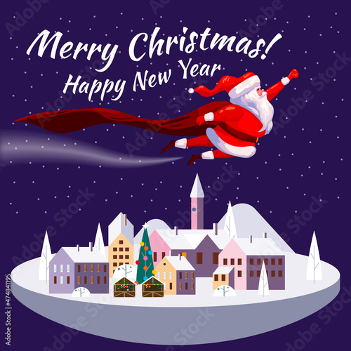 Santa Claus funny as Superhero wearing cape flying over the night city, buildings, giving out gift boxes. Merry Christmas poster background cartoon style illustration