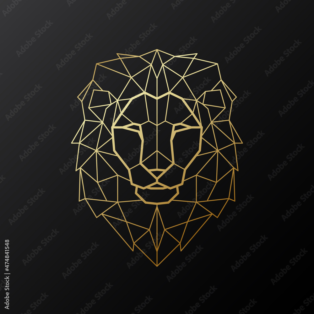 Vector Lion head illustration in polygonal style. Golden geometric Lion  silhouette on black background. Vector mascot. Stock Vector | Adobe Stock