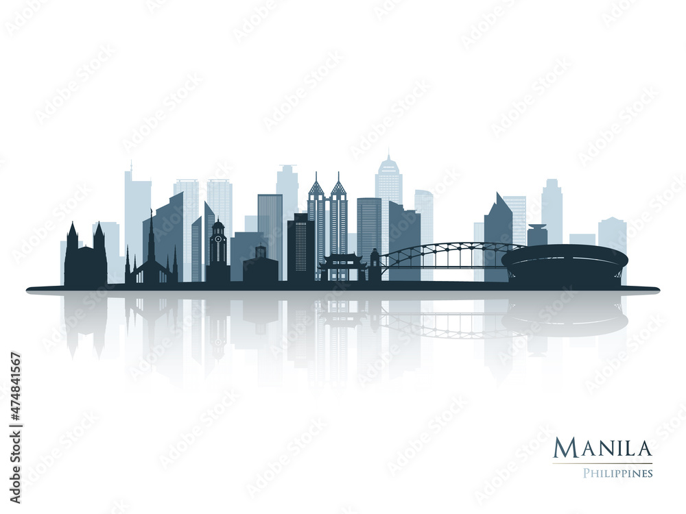Manila skyline silhouette with reflection. Landscape Manila, Philippines. Vector illustration.