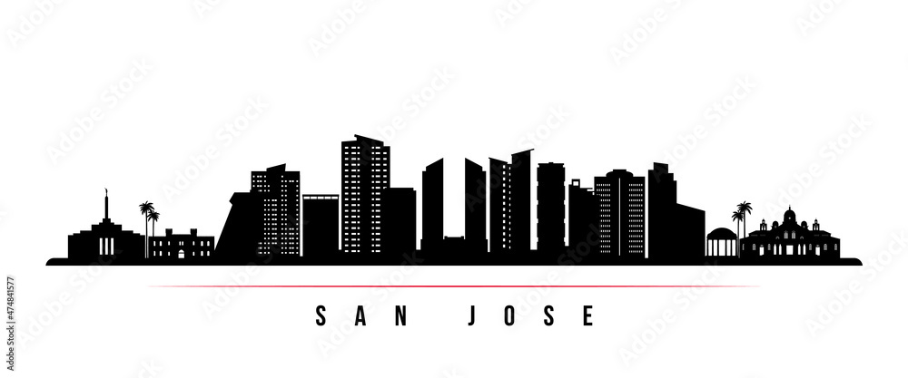San Jose skyline horizontal banner. Black and white silhouette of San Jose, Costa rica. Vector template for your design.