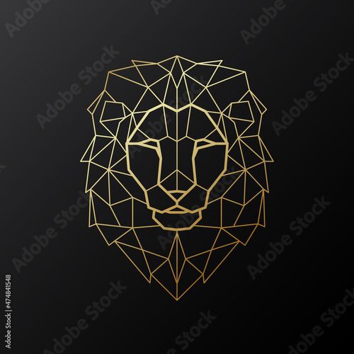 Vector Lion head illustration in polygonal style. Golden geometric Lion silhouette on black background. Vector mascot.