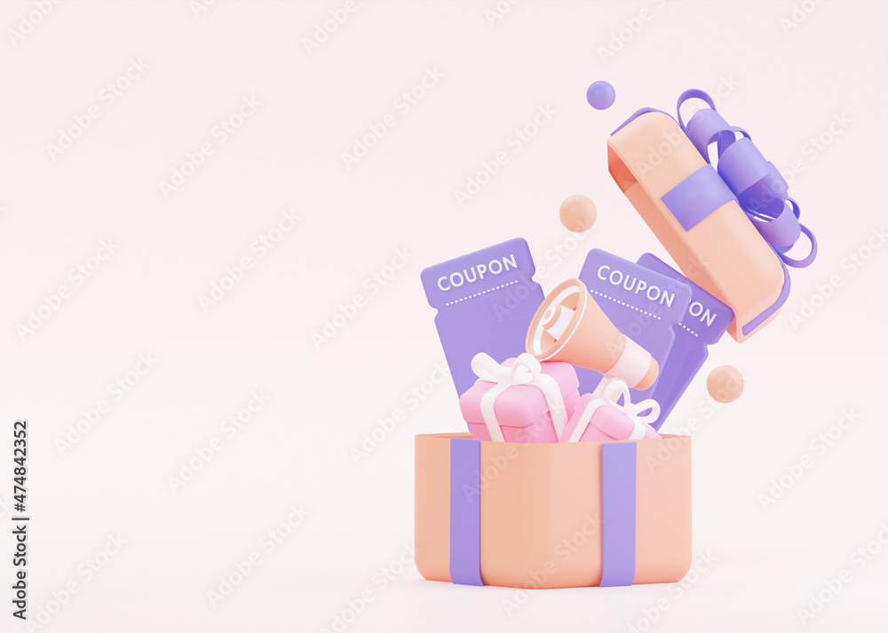 Open gift with speaker gifts and gift coupons on a pastel background. 3D rendering
