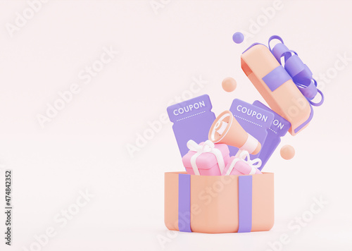 Open gift with speaker gifts and gift coupons on a pastel background. 3D rendering