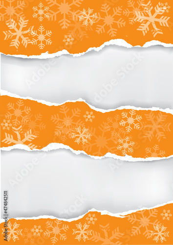 Christmas ripped paper, orange background. 
Illustration of orange torn paper background with snowflakes and place for your text or image. Vector available.
