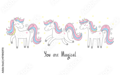 Set of unicorns. Hand drawn vector illustration with a cute funny unicorn in different positions. Design concept for children t shirts, stationery, bags and art prints.