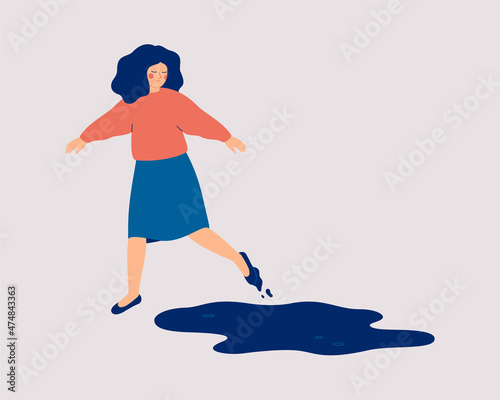 Girl gets rid of sad thoughts and anxiety. A woman comes out of depression and solves psychological problems. Concept of recovery and Conquering Adversity. Vector illustration