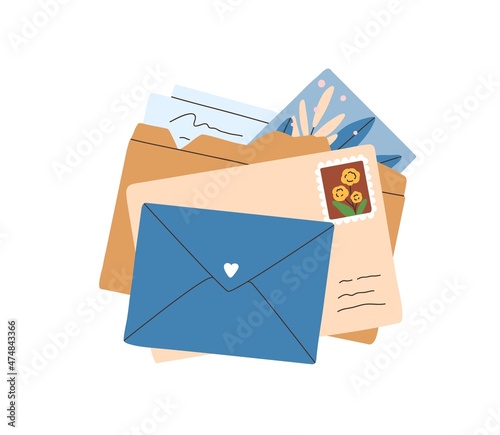 Stack of open and closed envelopes, postcards, handwritten letters, greeting post cards and invitations. Paper mail composition. Flat vector illustration of correspondence isolated on white background