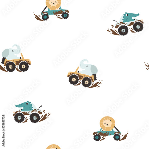 Canvas Print Off-road animals in cars in the mud seamless pattern
