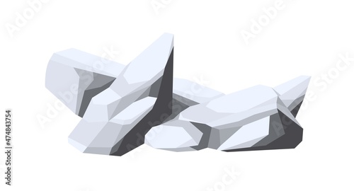 Polygonal boulder stones. Geometric big solid heavy rubbles and cobblestones. Angular rocks composition. Lowpoly geological cartoon vector illustration isolated on white background photo