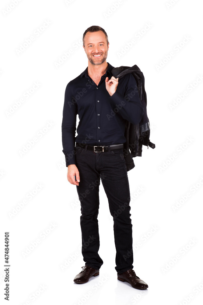Full length studio shot of a man in black leather jacket standing, isolated on white Full length studio shot of a man in black leather jacket standing, isolated on white