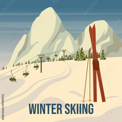 Vintage Mountain winter resort Alps, with wooden old fashioned skis and poles. Snow landscape peaks, slopes. Travel retro poster